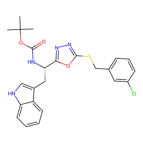 (S)-tert-butyl (1-(5-((3-chlorobenzyl)thio)-1,3,4-oxadiazol-2-yl)-2-(1H-indol-3-yl)ethyl)carbamate structure