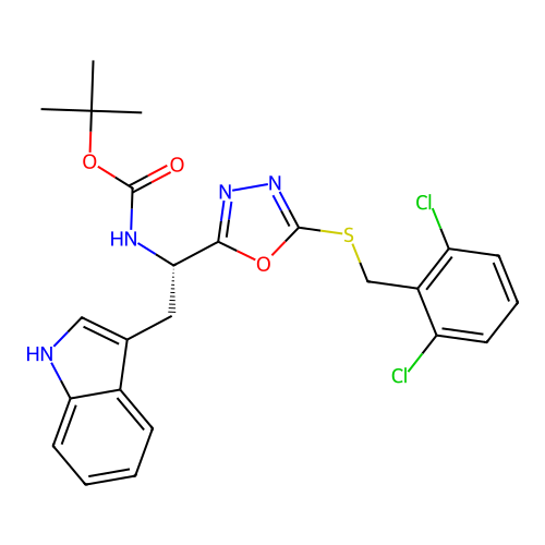 (S)-tert-butyl (1-(5-((2,6-dichlorobenzyl)thio)-1,3,4-oxadiazol-2-yl)-2-(1H-indol-3-yl)ethyl)carbamate structure