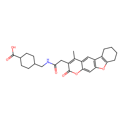 (1s,4s)-4-((2-(4-methyl-2-oxo-6,7,8,9-tetrahydro-2H-benzofuro[3,2-g]chromen-3-yl)acetamido)methyl)cyclohexanecarboxylic acid structure