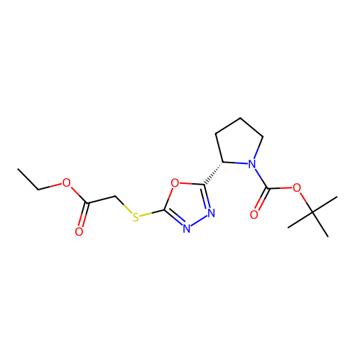(S)-tert-butyl 2-(5-((2-ethoxy-2-oxoethyl)thio)-1,3,4-oxadiazol-2-yl)pyrrolidine-1-carboxylate structure