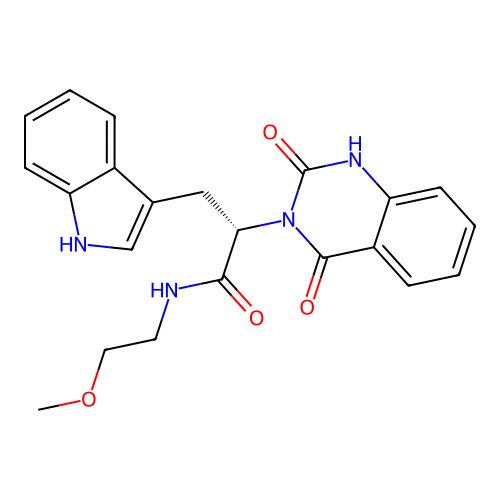 (S)-2-(2,4-dioxo-1,2-dihydroquinazolin-3(4H)-yl)-3-(1H-indol-3-yl)-N-(2-methoxyethyl)propanamide structure