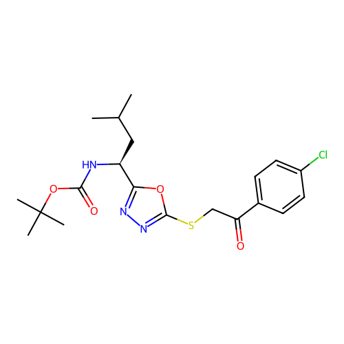 (S)-tert-butyl (1-(5-((2-(4-chlorophenyl)-2-oxoethyl)thio)-1,3,4-oxadiazol-2-yl)-3-methylbutyl)carbamate structure