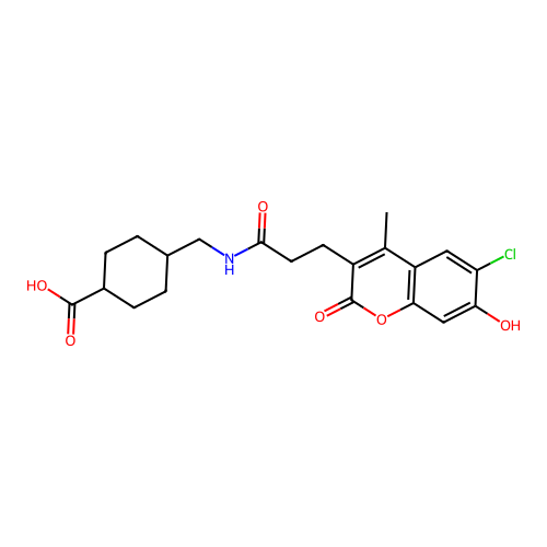(1s,4s)-4-((3-(6-chloro-7-hydroxy-4-methyl-2-oxo-2H-chromen-3-yl)propanamido)methyl)cyclohexanecarboxylic acid structure