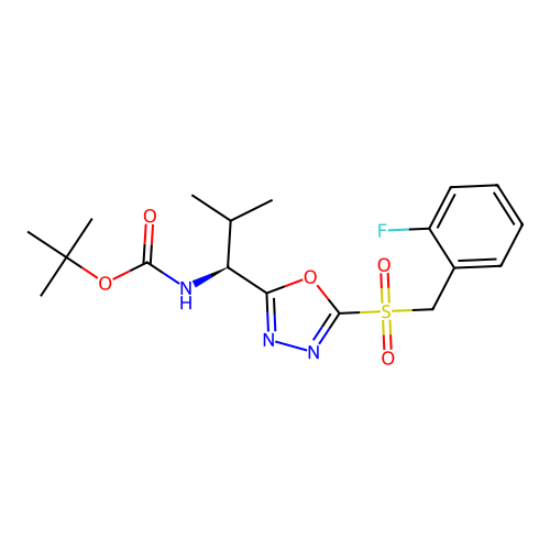 (S)-tert-butyl (1-(5-((2-fluorobenzyl)sulfonyl)-1,3,4-oxadiazol-2-yl)-2-methylpropyl)carbamate structure