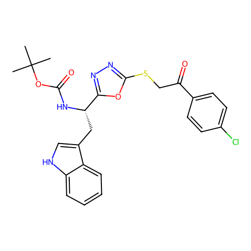 (S)-tert-butyl (1-(5-((2-(4-chlorophenyl)-2-oxoethyl)thio)-1,3,4-oxadiazol-2-yl)-2-(1H-indol-3-yl)ethyl)carbamate structure
