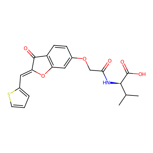 (2R)-3-methyl-2-[[2-[[(2Z)-3-oxo-2-(thiophen-2-ylmethylidene)-1-benzofuran-6-yl]oxy]acetyl]amino]butanoic acid structure