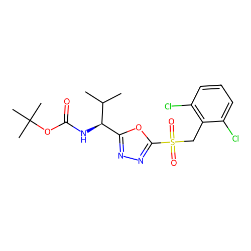 (S)-tert-butyl (1-(5-((2,6-dichlorobenzyl)sulfonyl)-1,3,4-oxadiazol-2-yl)-2-methylpropyl)carbamate structure