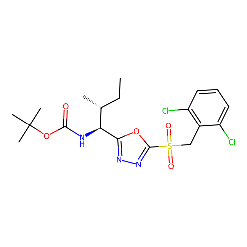 tert-butyl ((1S,2R)-1-(5-((2,6-dichlorobenzyl)sulfonyl)-1,3,4-oxadiazol-2-yl)-2-methylbutyl)carbamate structure