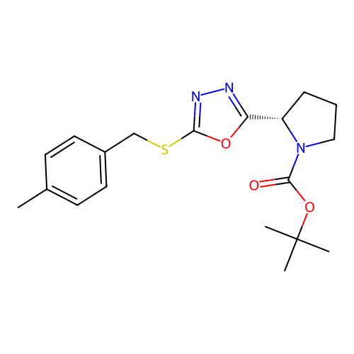 (S)-tert-butyl 2-(5-((4-methylbenzyl)thio)-1,3,4-oxadiazol-2-yl)pyrrolidine-1-carboxylate structure