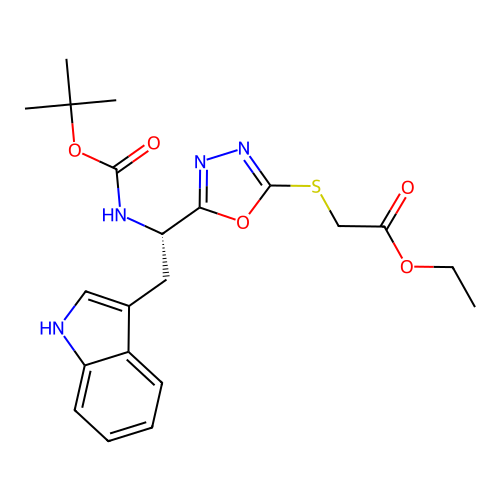 (S)-ethyl 2-((5-(1-((tert-butoxycarbonyl)amino)-2-(1H-indol-3-yl)ethyl)-1,3,4-oxadiazol-2-yl)thio)acetate structure