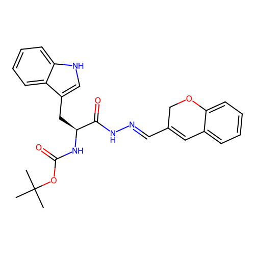 (S,E)-tert-butyl (1-(2-((2H-chromen-3-yl)methylene)hydrazinyl)-3-(1H-indol-3-yl)-1-oxopropan-2-yl)carbamate structure