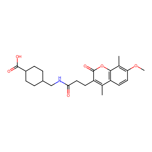 (1s,4s)-4-((3-(7-methoxy-4,8-dimethyl-2-oxo-2H-chromen-3-yl)propanamido)methyl)cyclohexanecarboxylic acid structure