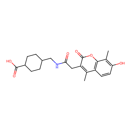 (1s,4s)-4-((2-(7-hydroxy-4,8-dimethyl-2-oxo-2H-chromen-3-yl)acetamido)methyl)cyclohexanecarboxylic acid structure
