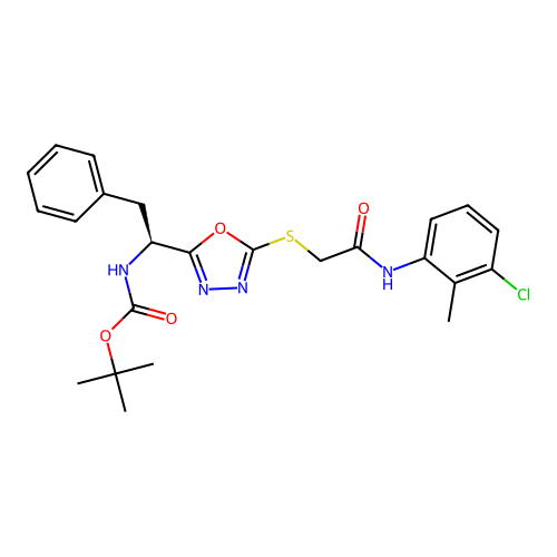 (S)-tert-butyl (1-(5-((2-((3-chloro-2-methylphenyl)amino)-2-oxoethyl)thio)-1,3,4-oxadiazol-2-yl)-2-phenylethyl)carbamate structure