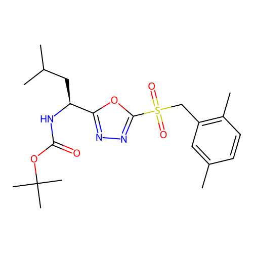 (S)-tert-butyl (1-(5-((2,5-dimethylbenzyl)sulfonyl)-1,3,4-oxadiazol-2-yl)-3-methylbutyl)carbamate structure