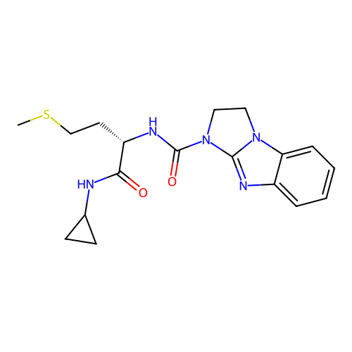 N-[(2S)-1-(cyclopropylamino)-4-methylsulfanyl-1-oxobutan-2-yl]-1,2-dihydroimidazo[1,2-a]benzimidazole-3-carboxamide structure