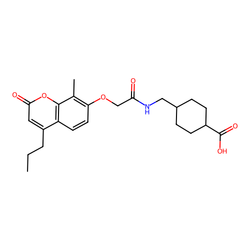 (1r,4r)-4-((2-((8-methyl-2-oxo-4-propyl-2H-chromen-7-yl)oxy)acetamido)methyl)cyclohexanecarboxylic acid structure