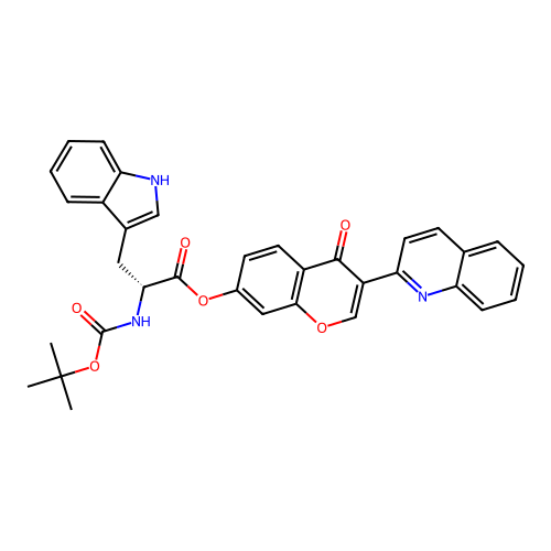(4-oxo-3-quinolin-2-ylchromen-7-yl) (2R)-3-(1H-indol-3-yl)-2-[(2-methylpropan-2-yl)oxycarbonylamino]propanoate structure