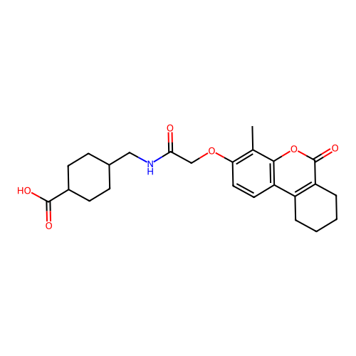 (1r,4r)-4-((2-((4-methyl-6-oxo-7,8,9,10-tetrahydro-6H-benzo[c]chromen-3-yl)oxy)acetamido)methyl)cyclohexanecarboxylic acid structure