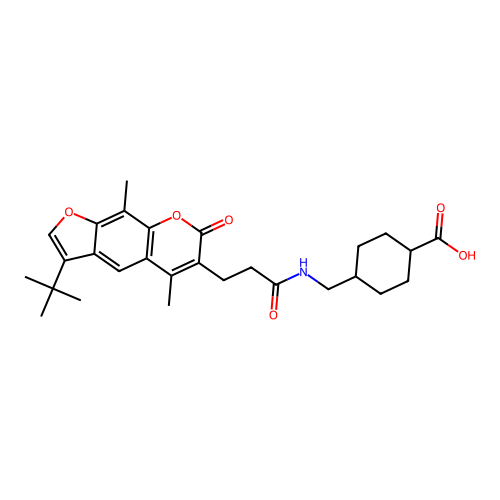 (1s,4s)-4-((3-(3-(tert-butyl)-5,9-dimethyl-7-oxo-7H-furo[3,2-g]chromen-6-yl)propanamido)methyl)cyclohexanecarboxylic acid structure