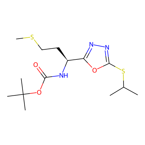 (S)-tert-butyl (1-(5-(isopropylthio)-1,3,4-oxadiazol-2-yl)-3-(methylthio)propyl)carbamate structure