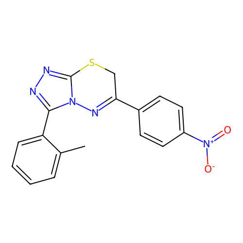 3-(2-methylphenyl)-6-(4-nitrophenyl)-7H-[1,2,4]triazolo[3,4-b][1,3,4]thiadiazine structure