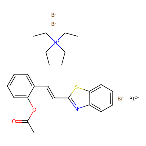 Tetraethylammonium tribromo(2-(2-acetoxystyryl)benzothiazole)platinate(II) structure
