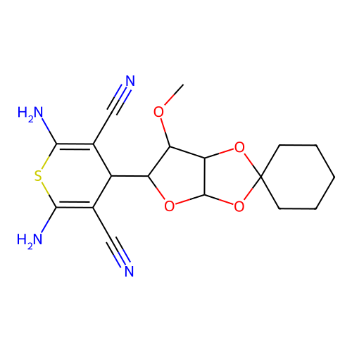 2,6-diamino-4-(6'-methoxytetrahydrospiro[cyclohexane-1,2'-furo[2,3-d][1,3]dioxol]-5'-yl)-4H-thiopyran-3,5-dicarbonitrile structure