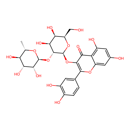 Quercetin 3-O-alpha-rhamnopyranosyl-(1-2)-beta-galactopyranoside structure