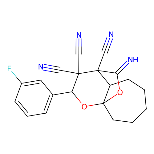 2-(3-fluorophenyl)-11-iminohexahydro-2H-9a,4-(epoxymethano)cyclohepta[b]pyran-3,3,4(4H)-tricarbonitrile structure