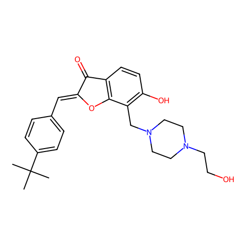 (2Z)-2-(4-tert-butylbenzylidene)-6-hydroxy-7-{[4-(2-hydroxyethyl)piperazin-1-yl]methyl}-1-benzofuran-3(2H)-one structure