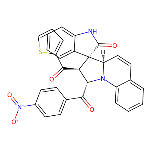 (1'S,2'S,3R,3'aR)-1'-(4-nitrobenzoyl)-2'-(thiophene-2-carbonyl)spiro[1H-indole-3,3'-2,3a-dihydro-1H-pyrrolo[1,2-a]quinoline]-2-one structure