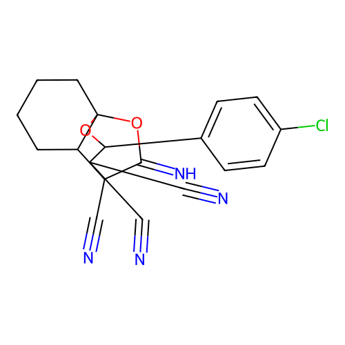 2-(4-chlorophenyl)-10-iminohexahydro-8a,4-(epoxymethano)chromene-3,3,4(2H)-tricarbonitrile structure