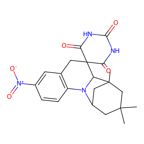 2',6'-dihydroxy-7,9,9-trimethyl-3-nitro-6a,7,8,9,10,11-hexahydro-4'H,5H-spiro[7,11-methanoazepino[1,2-a]quinoline-6,5'-pyrimidin]-4'-one structure