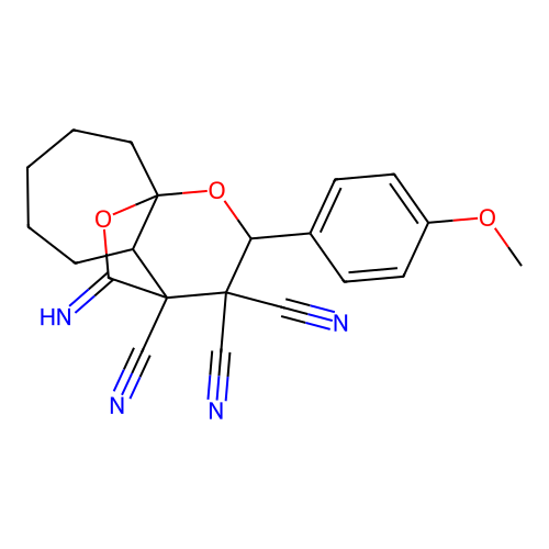 11-imino-2-(4-methoxyphenyl)hexahydro-2H-9a,4-(epoxymethano)cyclohepta[b]pyran-3,3,4(4H)-tricarbonitrile structure