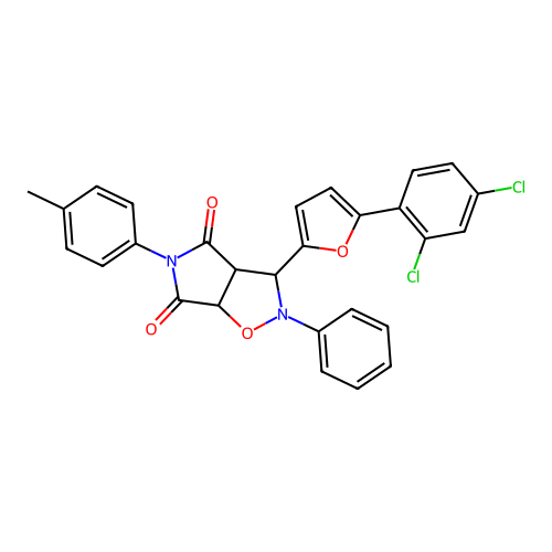 3-(5-(2,4-dichlorophenyl)furan-2-yl)-2-phenyl-5-(p-tolyl)dihydro-2H-pyrrolo[3,4-d]isoxazole-4,6(5H,6aH)-dione structure