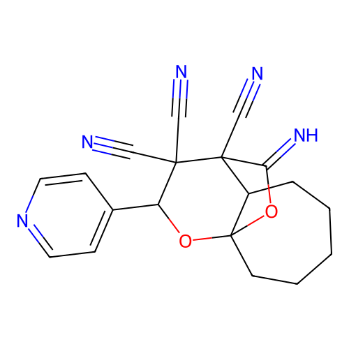 11-imino-2-(pyridin-4-yl)hexahydro-2H-9a,4-(epoxymethano)cyclohepta[b]pyran-3,3,4(4H)-tricarbonitrile structure