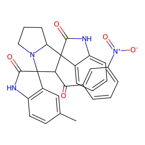 5''-methyl-2'-[(3-nitrophenyl)carbonyl]-1,1'',2,2'',5',6',7',7'a-octahydro-2'H-dispiro[indole-3,1'-pyrrolizine-3',3''-indole]-2,2''-dione structure