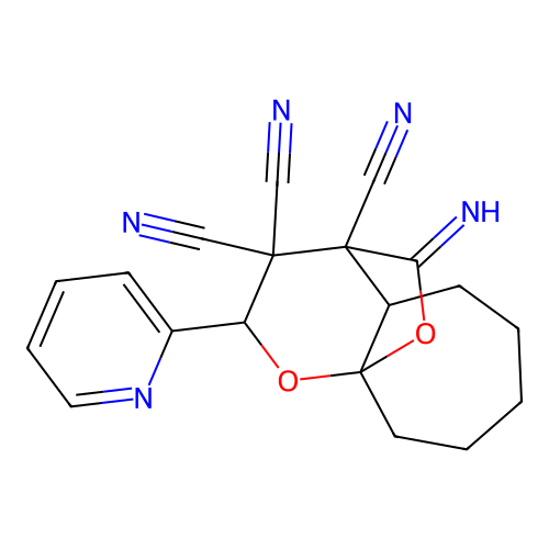 11-imino-2-(pyridin-2-yl)hexahydro-2H-9a,4-(epoxymethano)cyclohepta[b]pyran-3,3,4(4H)-tricarbonitrile structure