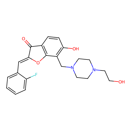 (Z)-2-(2-fluorobenzylidene)-6-hydroxy-7-((4-(2-hydroxyethyl)piperazin-1-yl)methyl)benzofuran-3(2H)-one structure