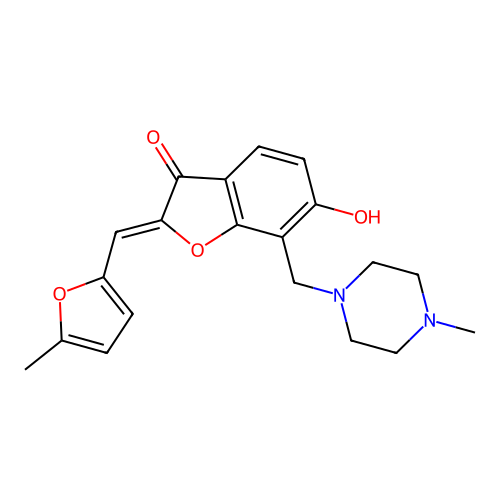 (2Z)-6-hydroxy-2-[(5-methylfuran-2-yl)methylidene]-7-[(4-methylpiperazin-1-yl)methyl]-1-benzofuran-3(2H)-one structure