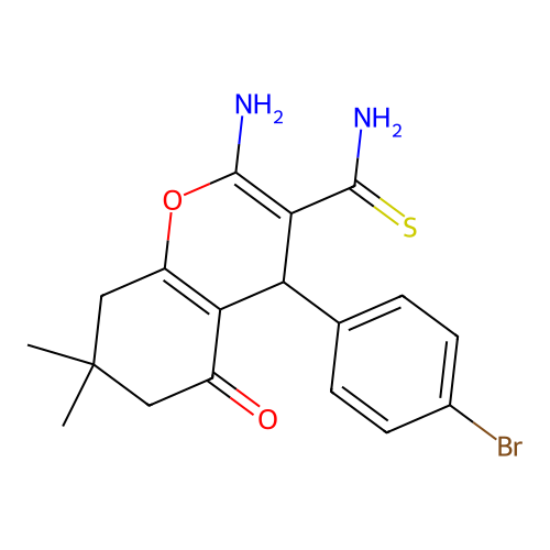 2-amino-4-(4-bromophenyl)-7,7-dimethyl-5-oxo-5,6,7,8-tetrahydro-4H-chromene-3-carbothioamide structure