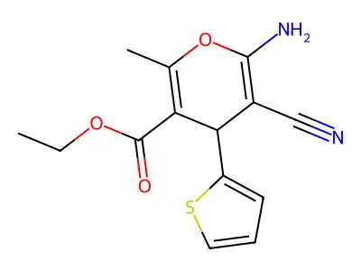 ethyl 6-amino-5-cyano-2-methyl-4-(2-thienyl)-4H-pyran-3-carboxylate structure