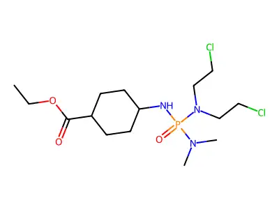 Cyclohexanecarboxylic acid, 4-(((bis(2-chloroethyl)amino)(dimethylamino)phosphinyl)amino)-, ethyl ester, cis- structure