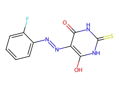 5-[(E)-2-(2-fluorophenyl)diazenyl]-2-sulfanyl-4,6-pyrimidinediol structure