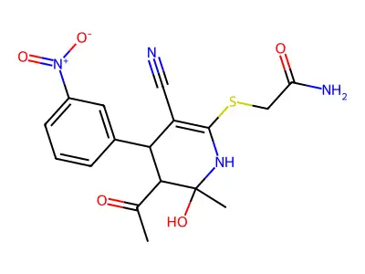 Acetamide, 2-((5-acetyl-3-cyano-1,4,5,6-tetrahydro-6-hydroxy-6-methyl-4-(3-nitrophenyl)-2-pyridinyl)thio)- structure