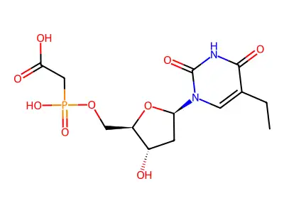 ((5-(5-Ethyl-2,4-dioxo-3,4-dihydro-2H-pyrimidin-1-yl)-3-hydroxy-tetrahydro-furan-2-ylmethoxy)-hydroxy-phosphoryl)acetic acid structure