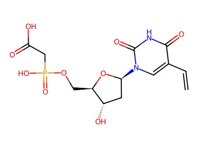 ((5-(2,4-Dioxo-5-vinyl-3,4-dihydro-2H-pyrimidin-1-yl)-3-hydroxy-tetrahydro-furan-2-ylmethoxy)-hydroxy-phosphoryl)acetic acid structure