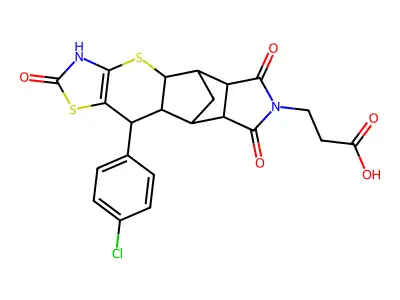3-((4aR,5R,5aR,8aR,9S)-10-(4-chlorophenyl)-2,6,8-trioxo-2,3,4a,5,5a,6,8a,9,9a,10-decahydro-5,9-methanothiazolo[5',4':5,6]thiopyrano[2,3-f]isoindol-7(8H)-yl)propanoic acid structure