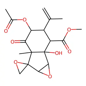 methyl 4-(acetyloxy)-1b-hydroxy-5a-methyl-5-oxo-3-(prop-1-en-2-yl)octahydrospiro[indeno[1,2-b]oxirene-6,2'-oxirane]-2-carboxylate structure